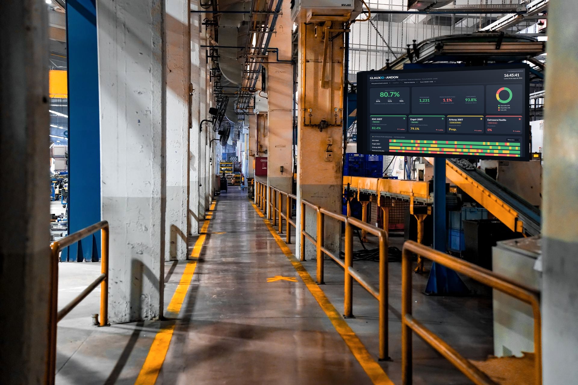 Interior of a manufacturing plant with a GLAUXIO Andon board showing real-time OEE