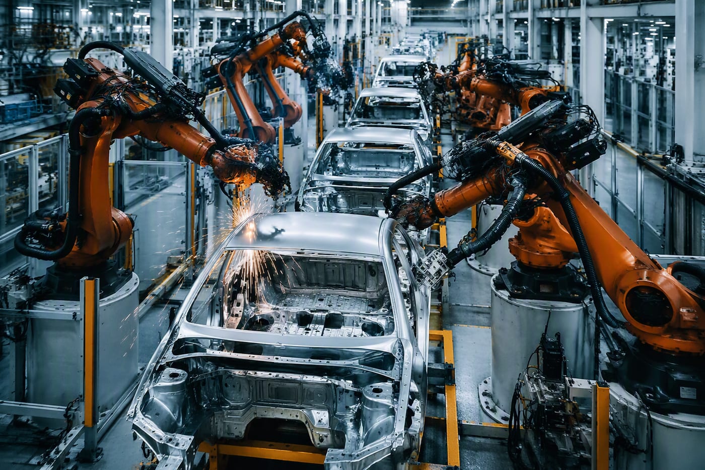 Automotive assembly line with robots welding car bodies