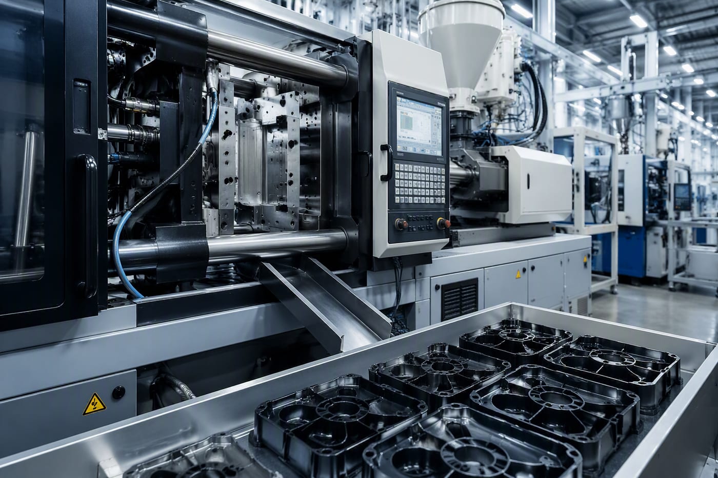 Plastic injection molding machine producing components